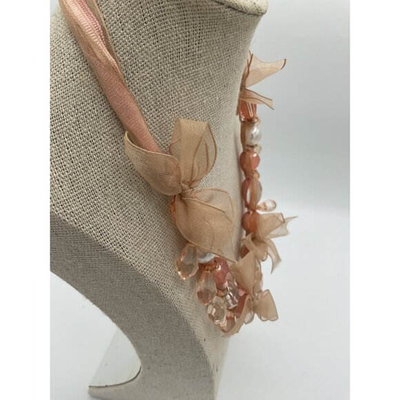 Peach Beaded Necklace With Sheer Ribbon & Pearl Accents By Robert Rose - Picture 2 of 5